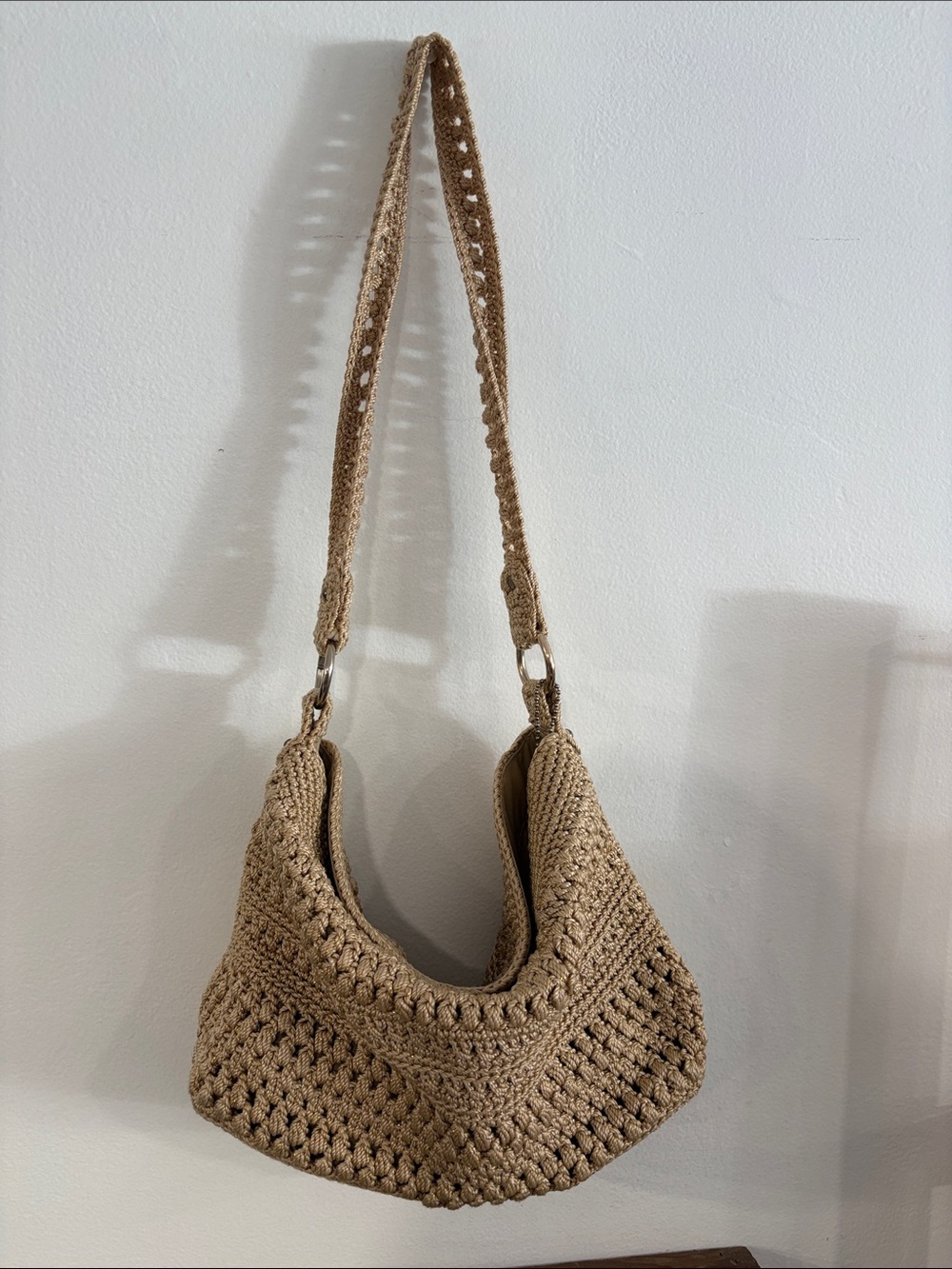Woven Crochet Shoulder Bag in Tan